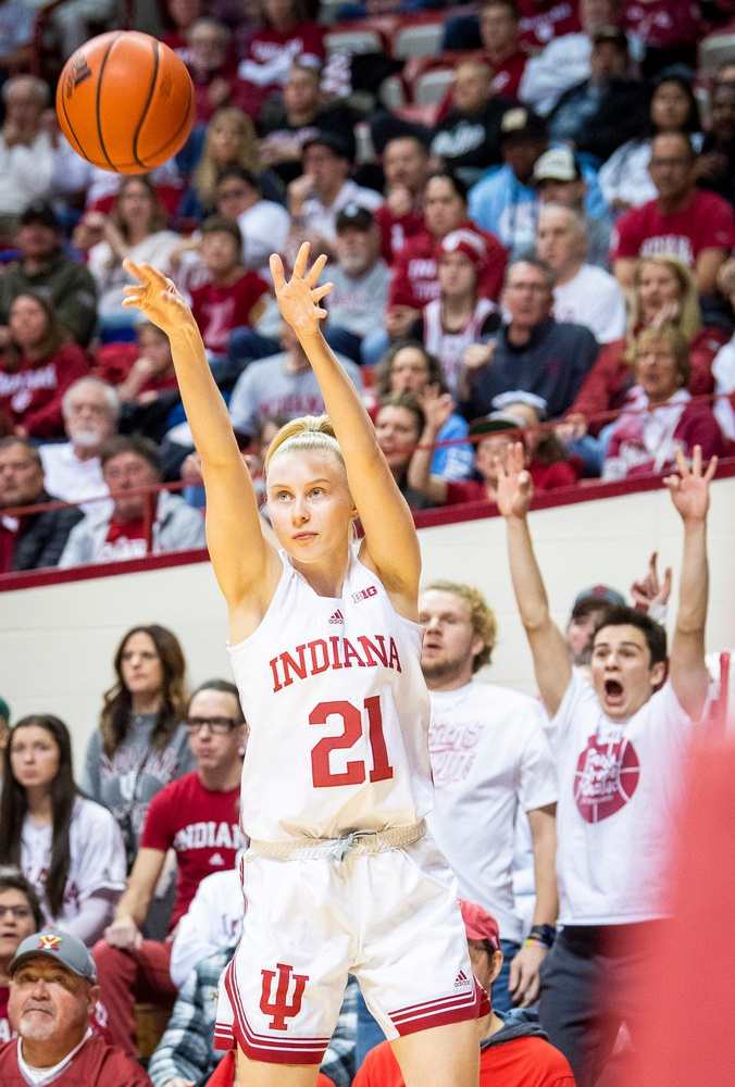 Indiana's Henna Sandvik (21) makes a three-pointer during the first half of the Indiana versus North Carolina women's basektball game at Simon Skjodt Assembly Hall on Thursday, Dec. 1, 2022.